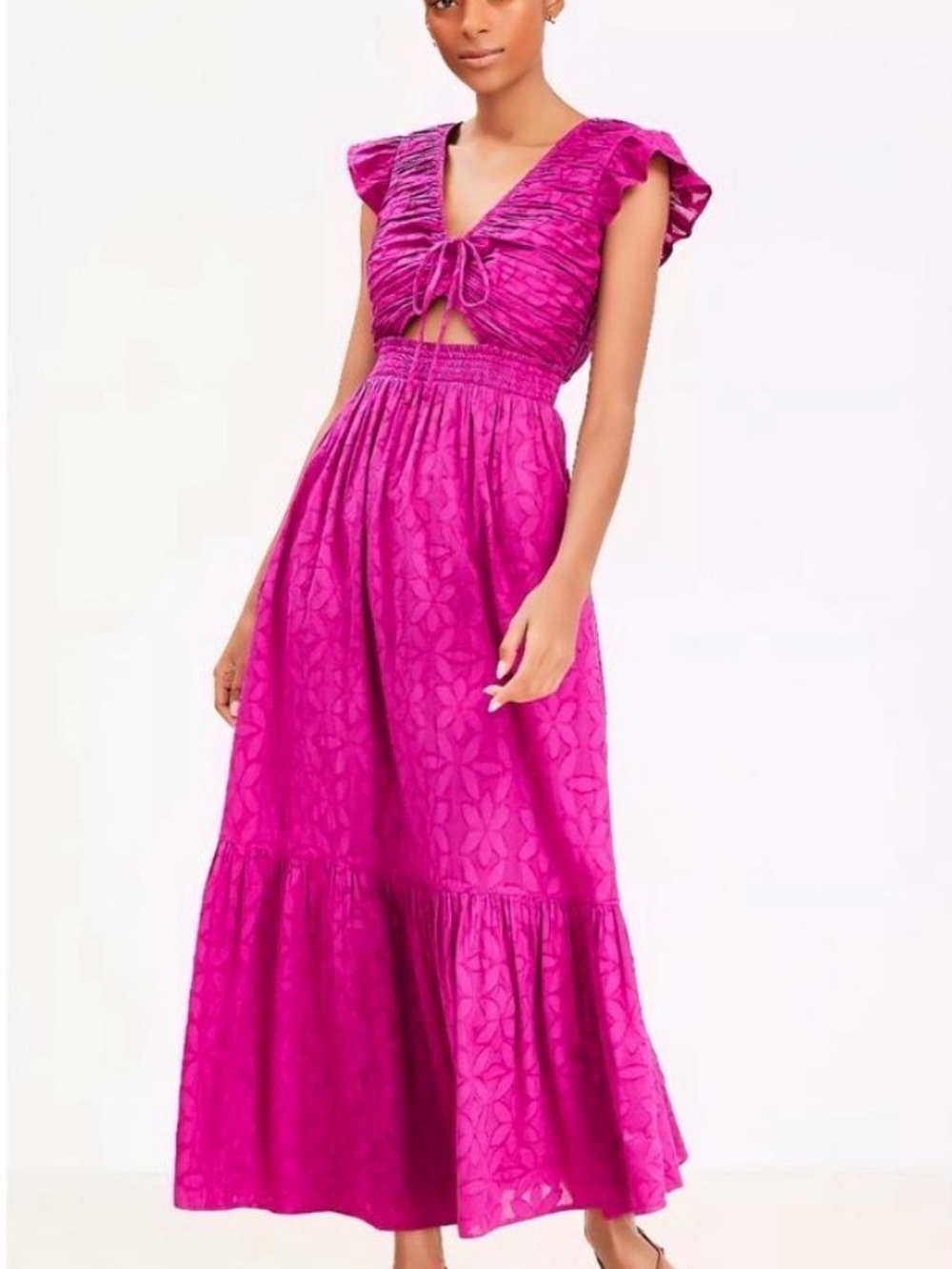 LOFT Fuchsia Magrnta Tie-Front Maxi Dress with Flutter Sleeves